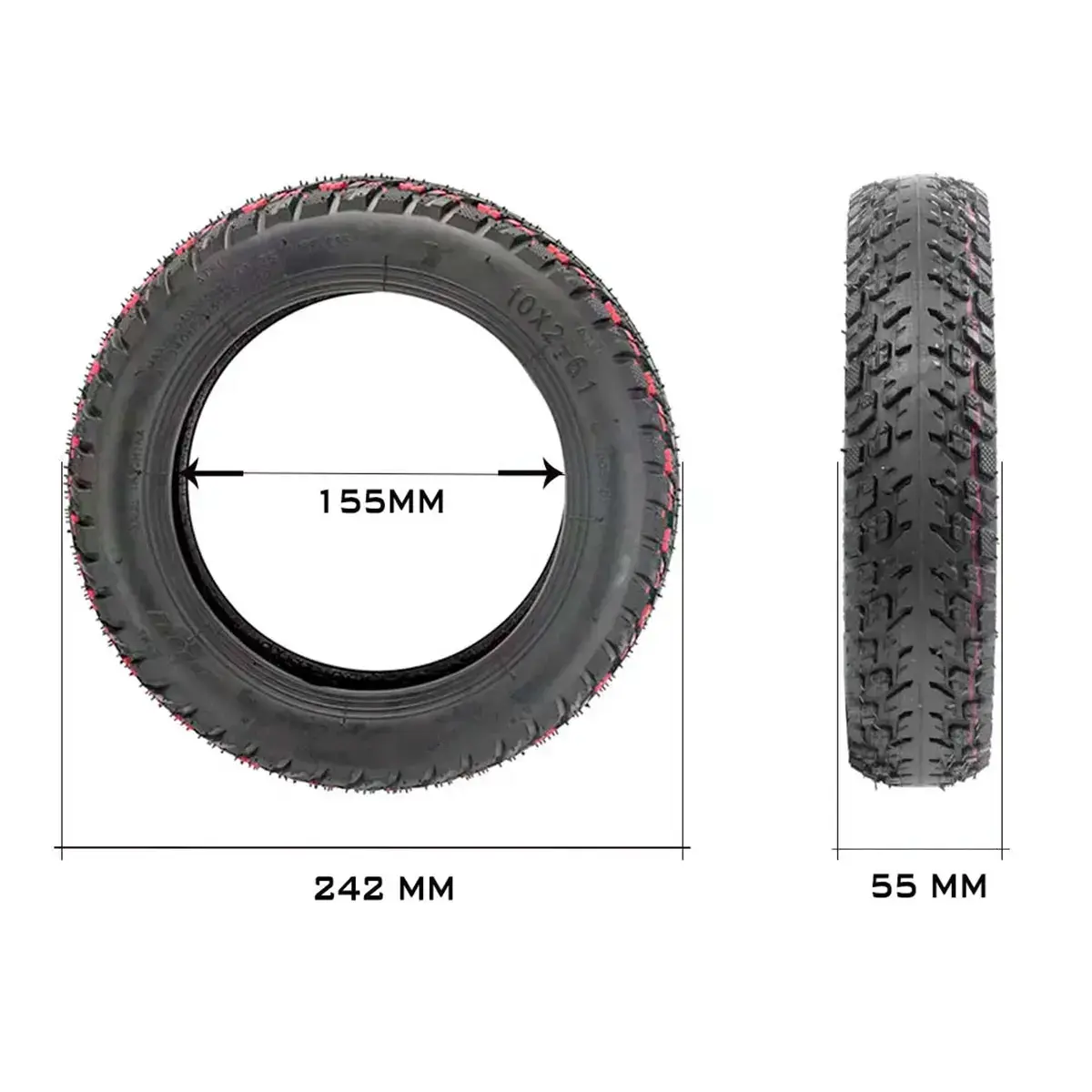Detalle de medidas y especificaciones técnicas del neumático offroad 10x2 para patinete eléctrico, grabadas en el caucho.