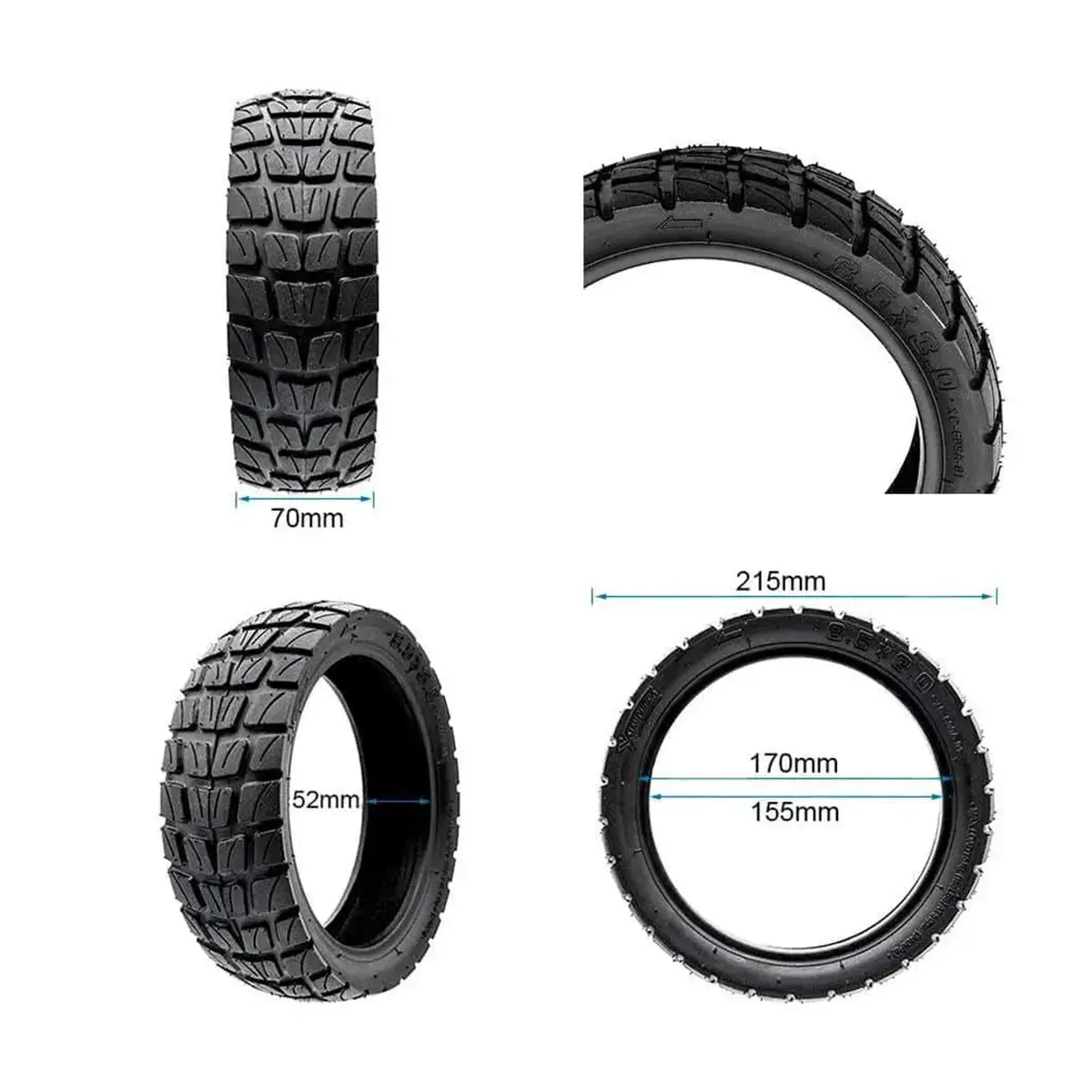 Especificaciones y detalles técnicos del neumático XuanCheng 8.5x3-6.1 offroad reforzado para patinete eléctrico.