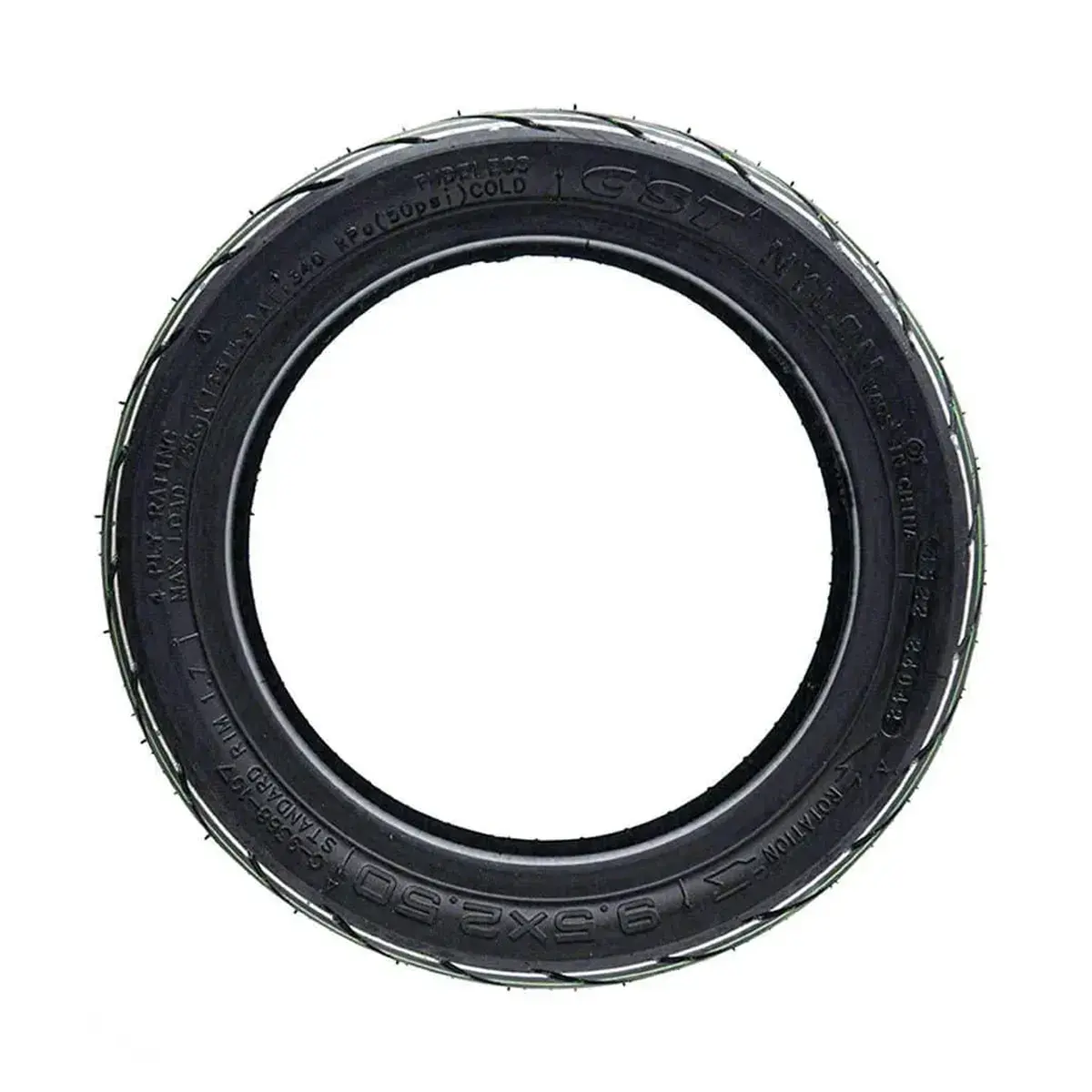 Vista lateral del neumático CST 9.5x2.5-6.1 tubeless reforzado para patinete eléctrico, caucho de alta resistencia.