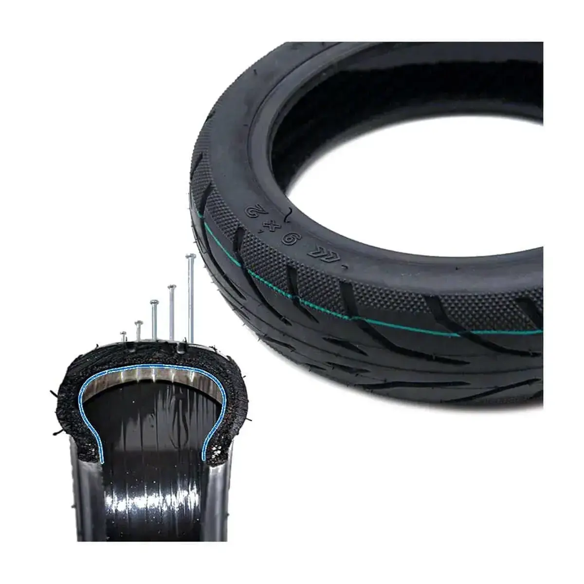 Construcción reforzada del neumático 9x2-6.1 tubeless antipinchazos para patinete eléctrico, detalle técnico.