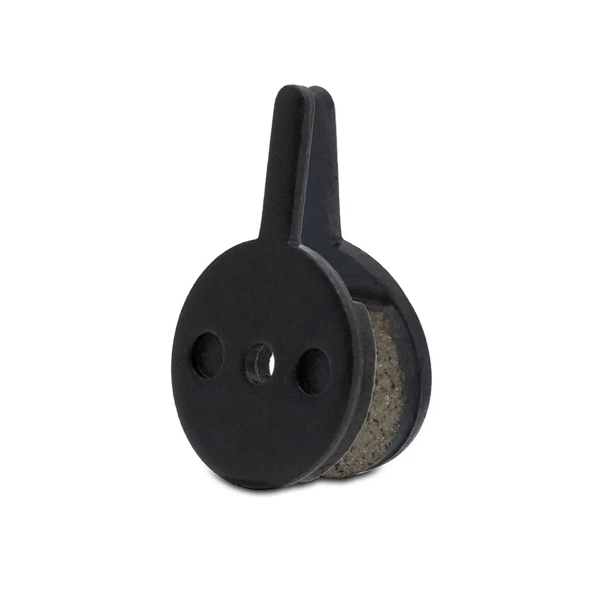 Vista lateral de las pastillas de freno de resina orgánica para Patinete Eléctrico, modelo 008, con diseño redondo y pestaña central larga que asegura compatibilidad con pinzas profundas.