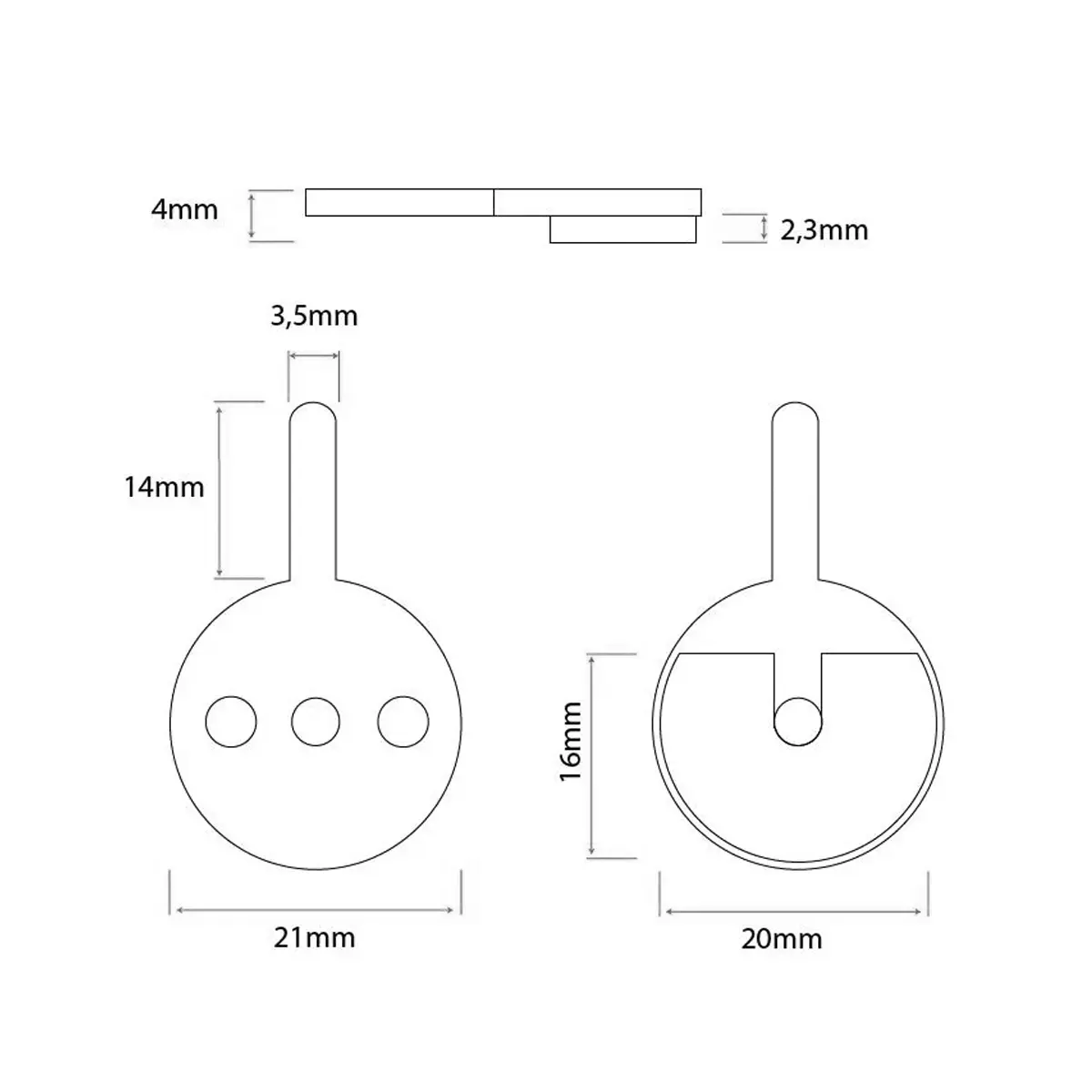 Esquema de dimensiones detallando la longitud de la pestaña y el diámetro de las pastillas de freno redondas para Patinete Eléctrico, modelo 008.