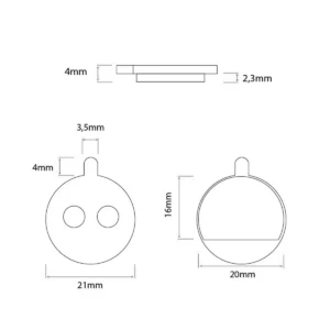 Diagrama detallado de las dimensiones de las pastillas de freno redondas con pestaña para Patinete Eléctrico, mostrando el diámetro de 21 mm y el grosor de 4 mm en resina orgánica.