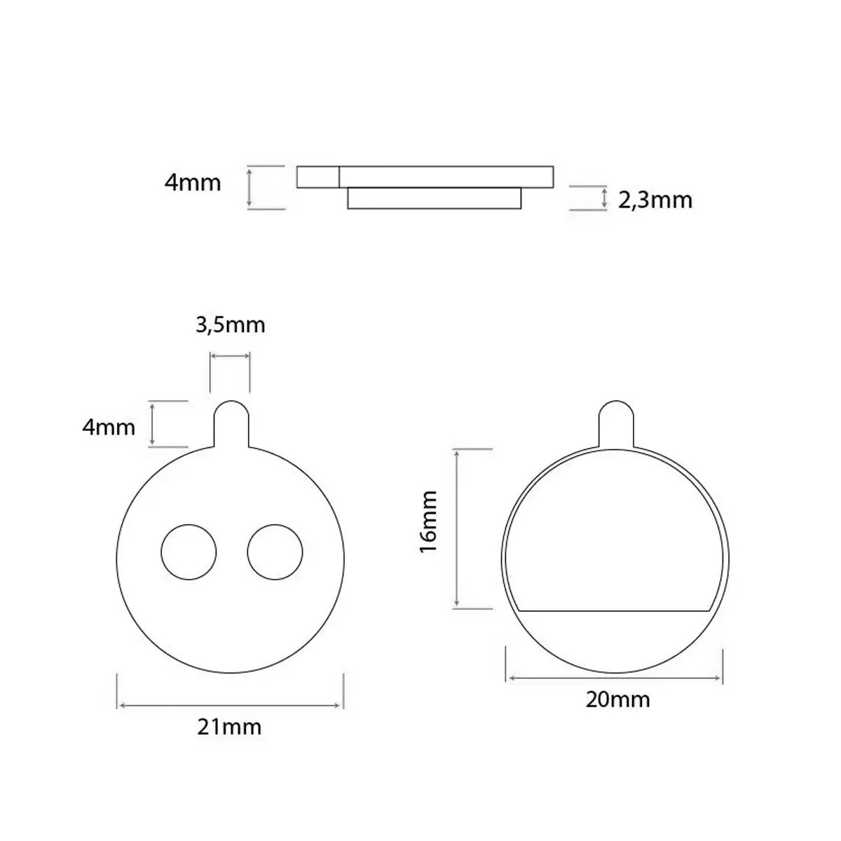 Diagrama detallado de las dimensiones de las pastillas de freno redondas con pestaña para Patinete Eléctrico, mostrando el diámetro de 21 mm y el grosor de 4 mm en resina orgánica.