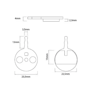 Diagrama de dimensiones de pastillas de freno redondas con pestaña larga para Patinete Eléctrico, mostrando el diámetro de 23.5mm y material de resina roja y negra.