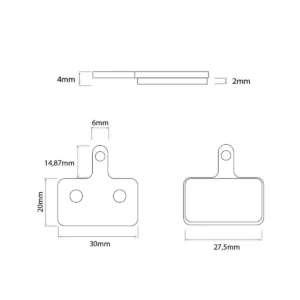 Diagrama técnico mostrando las dimensiones exactas de las pastillas de freno para Patinete Eléctrico, modelo 003 con pestaña corta de 27.5mm y material de resina.