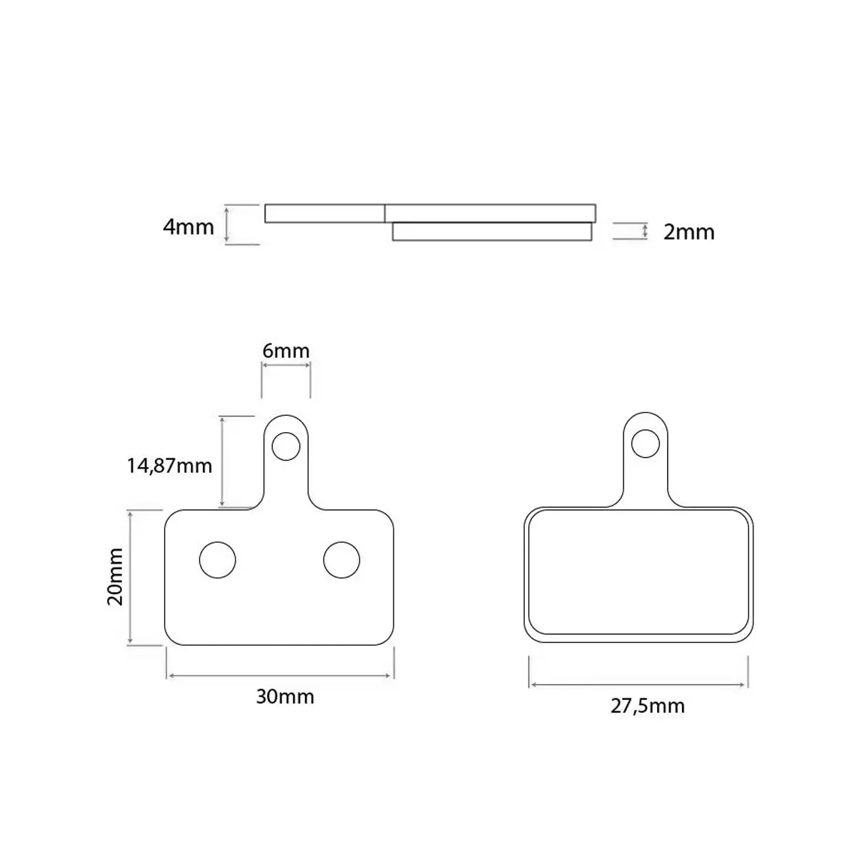 Diagrama técnico mostrando las dimensiones exactas de las pastillas de freno para Patinete Eléctrico, modelo 003 con pestaña corta de 27.5mm y material de resina.