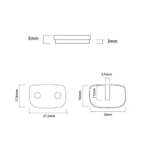 Diagrama detallado con dimensiones precisas de las pastillas de freno de resina modelo 002 para Patinete Eléctrico, mostrando un diseño redondeado de 27.5mm de ancho.