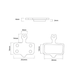 Diagrama con las dimensiones precisas de las pastillas de freno modelo 001 para Patinete Eléctrico, mostrando el diseño rectangular de 29.5mm en resina.