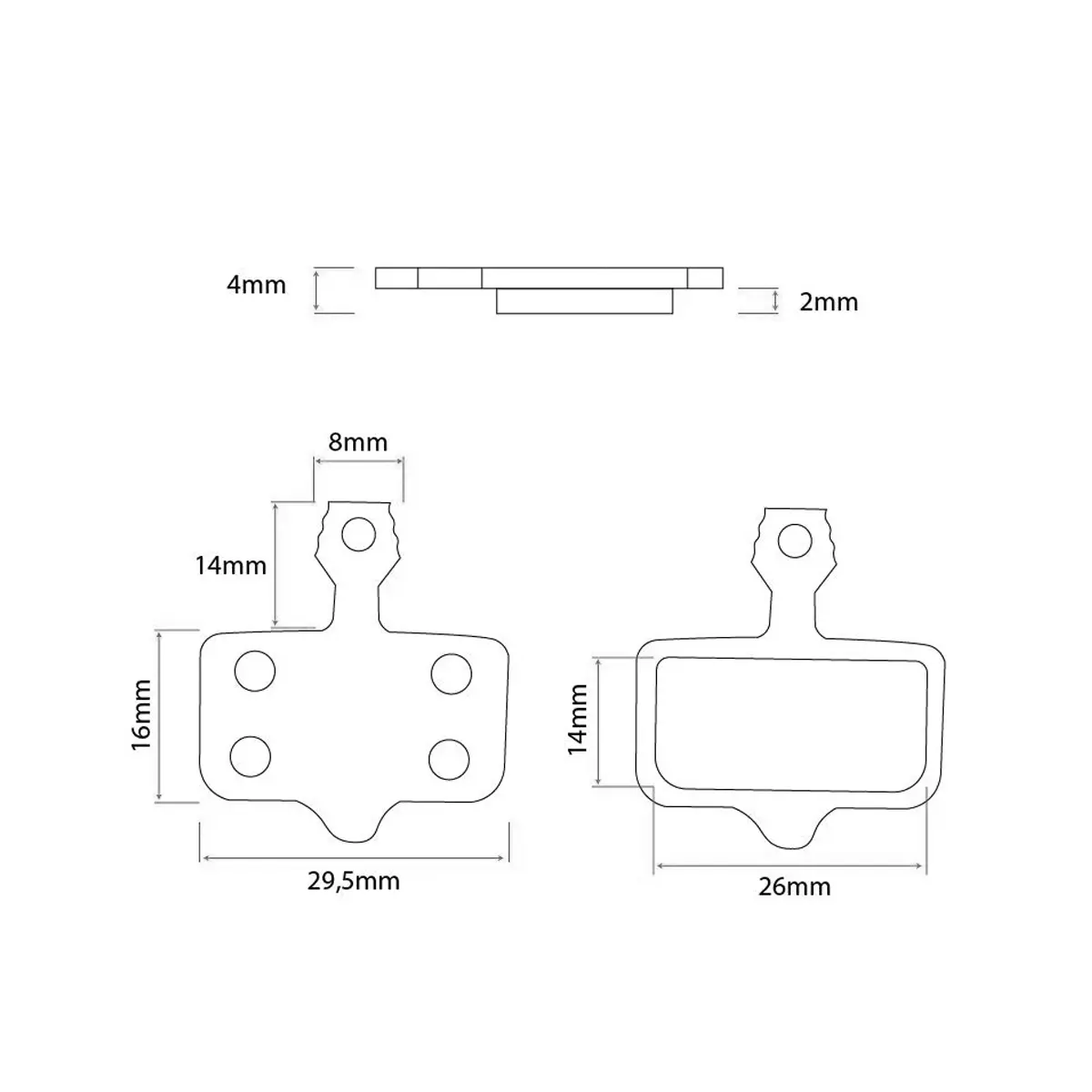 Diagrama con las dimensiones precisas de las pastillas de freno modelo 001 para Patinete Eléctrico, mostrando el diseño rectangular de 29.5mm en resina.