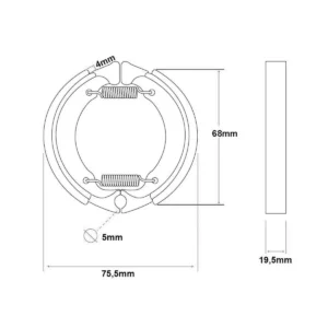 Esquema de dimensiones detallado de las pastillas de freno para Patinete Eléctrico Ninebot Max G30, mostrando el diámetro exterior de 75.5mm y la zona de contacto del tambor.
