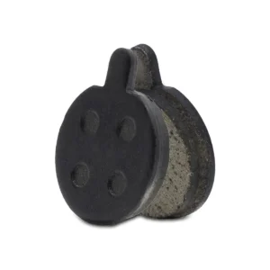 Vista frontal de las pastillas de freno para Patinete Eléctrico Xiaomi Pro, Pro2, 1S y Essential, con un diseño redondo de resina semi-metálica de 18 mm y pestaña superior para un ajuste preciso.