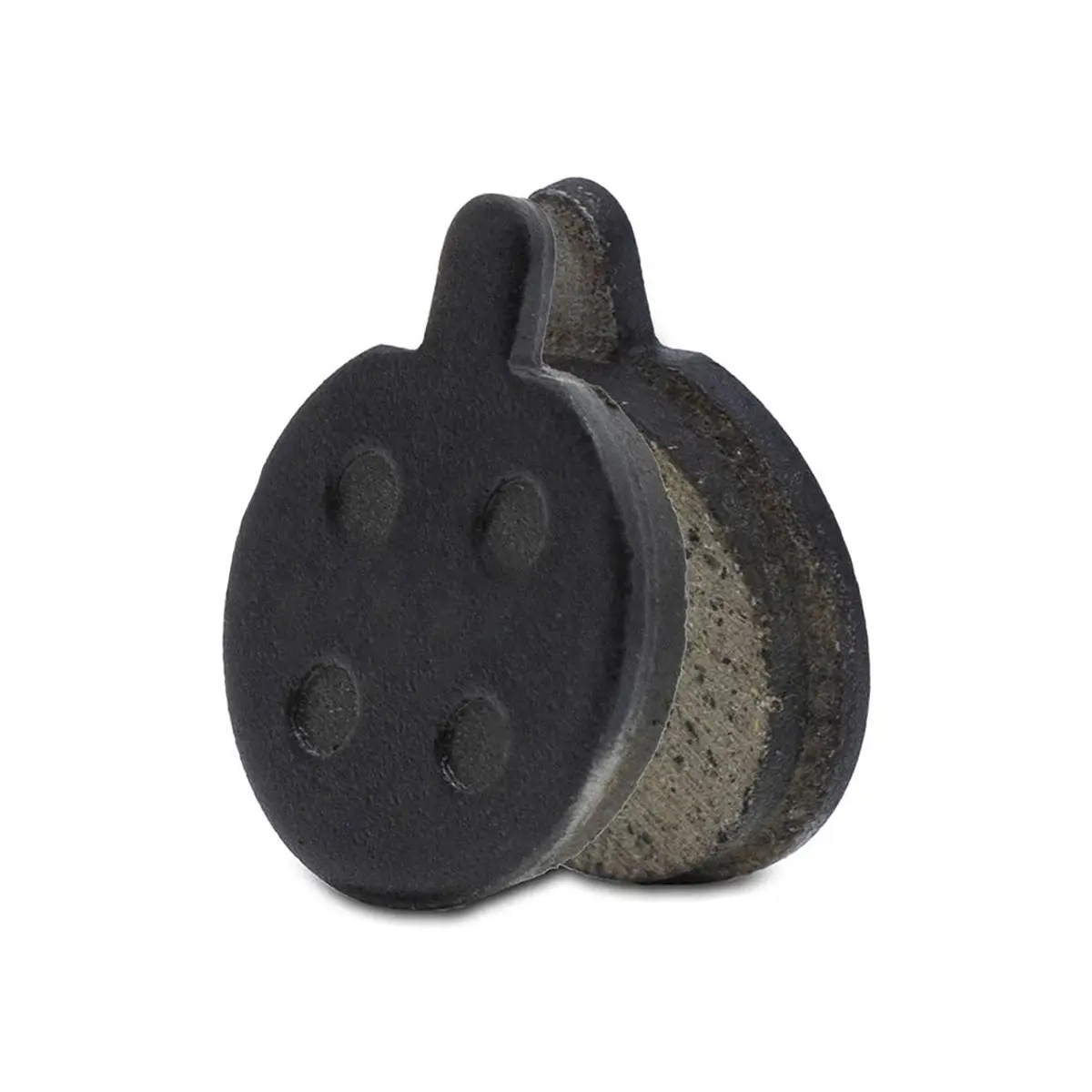 Vista frontal de las pastillas de freno para Patinete Eléctrico Xiaomi Pro, Pro2, 1S y Essential, con un diseño redondo de resina semi-metálica de 18 mm y pestaña superior para un ajuste preciso.
