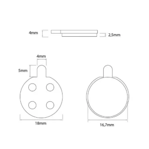 Diagrama de instalación con dimensiones exactas de las pastillas de freno de 18 mm para Patinete Eléctrico Xiaomi, mostrando la forma redonda con pestaña guía superior.