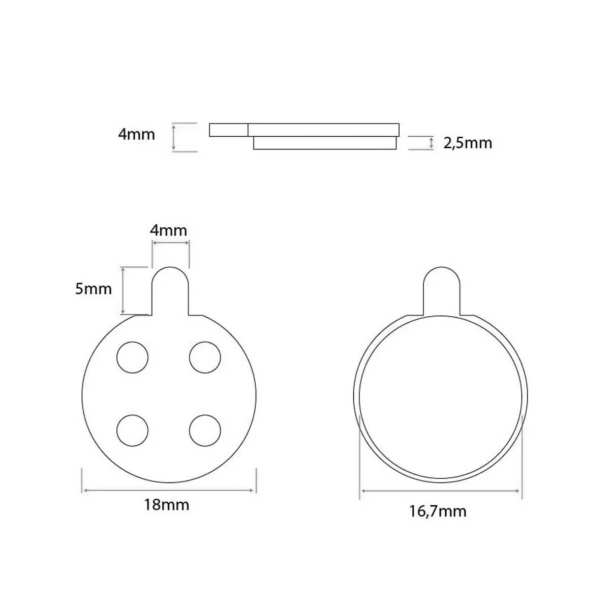 Diagrama de instalación con dimensiones exactas de las pastillas de freno de 18 mm para Patinete Eléctrico Xiaomi, mostrando la forma redonda con pestaña guía superior.