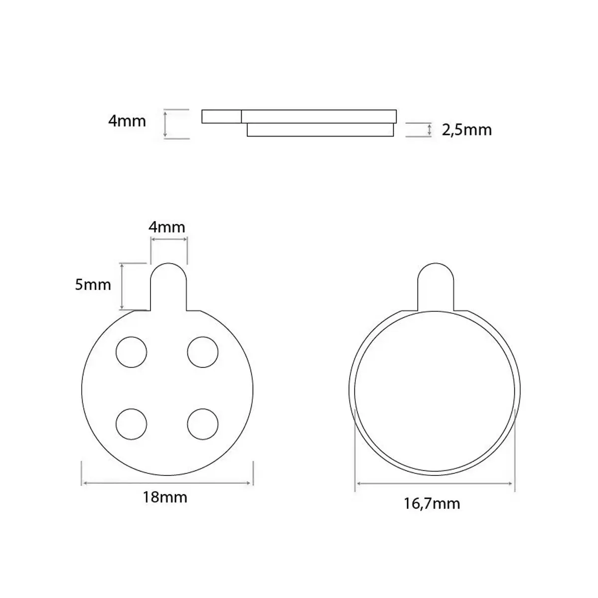 Esquema de dimensiones detallado de las pastillas de freno semi-metálicas de 18 mm con pestaña para Patinete Eléctrico Xiaomi Pro y modelos compatibles.