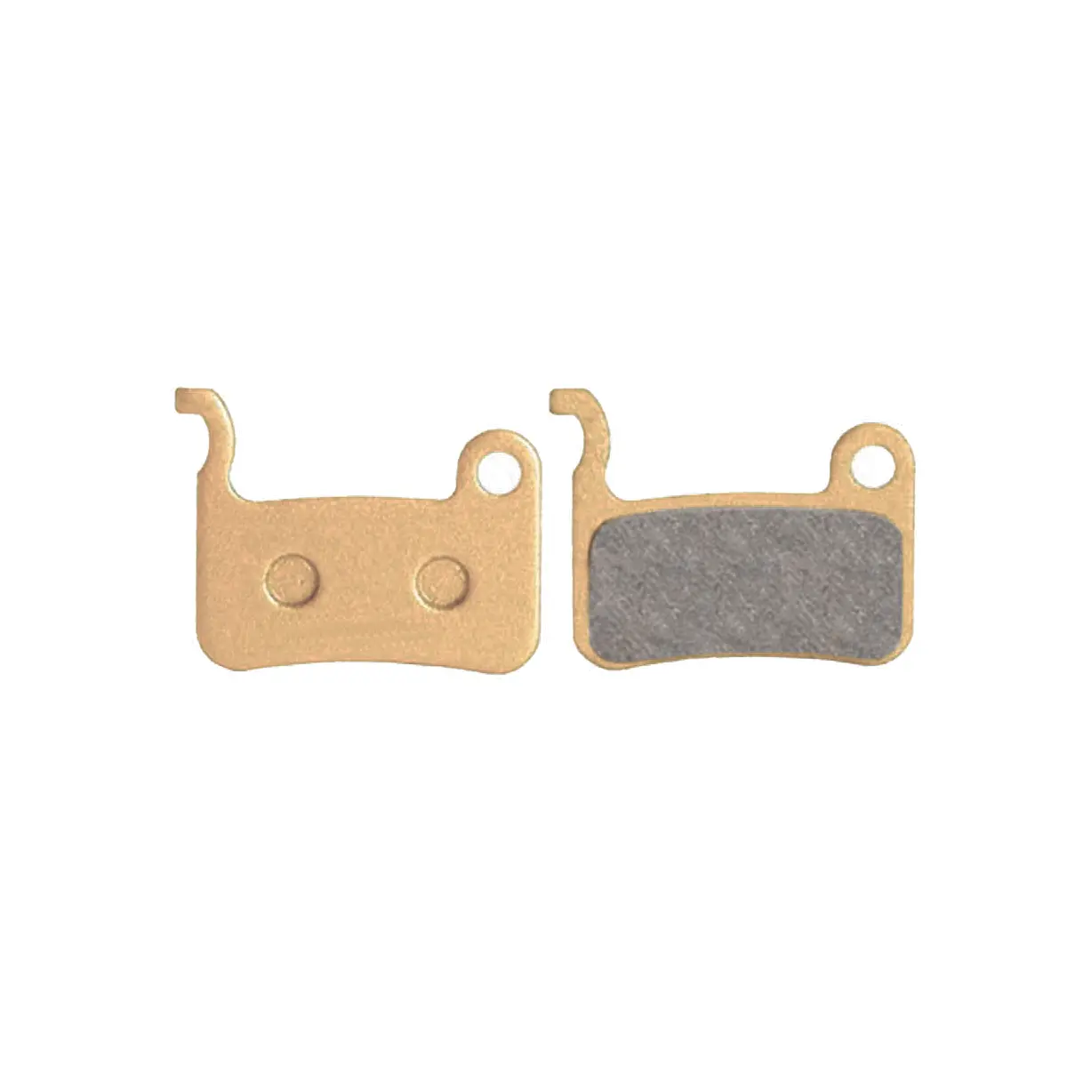 Vista lateral de las pastillas de freno rectangulares semi-metálicas diseñadas para el Patinete Eléctrico, con partículas de cobre visibles para mayor rendimiento.