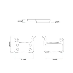 Esquema de dimensiones de las pastillas de freno rectangulares semi-metálicas para Patinete Eléctrico, mostrando medidas exactas de 32.5 mm de ancho por 26 mm de alto.