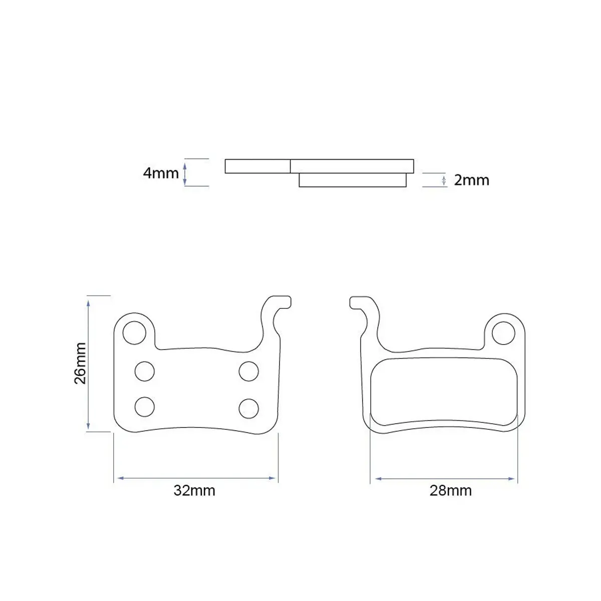 Esquema de dimensiones de las pastillas de freno rectangulares semi-metálicas para Patinete Eléctrico, mostrando medidas exactas de 32.5 mm de ancho por 26 mm de alto.