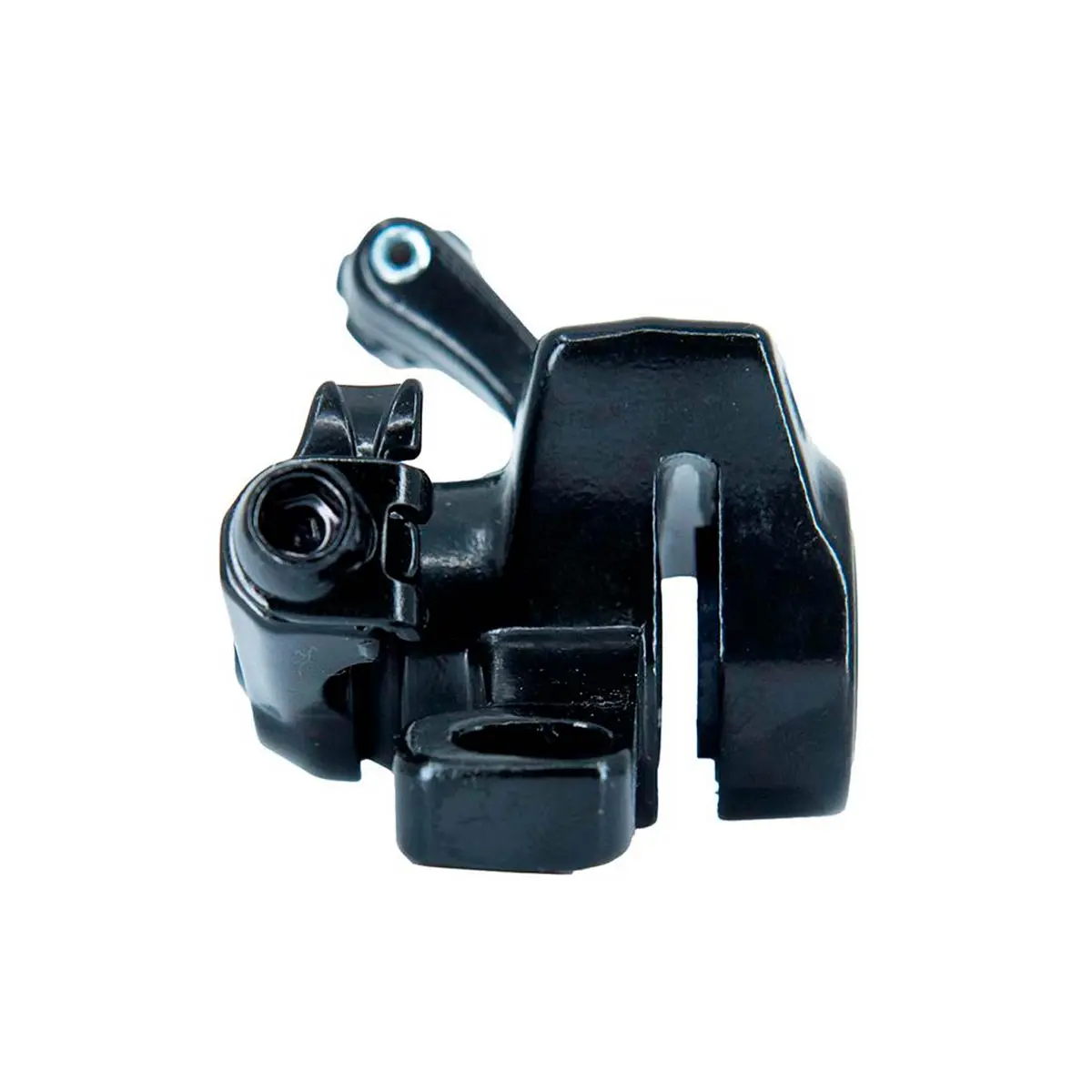 Vista frontal de la pinza de freno negra de 71 mm para Patinete Eléctrico Smartgyro K2, diseñada para montaje específico con pastillas incluidas.