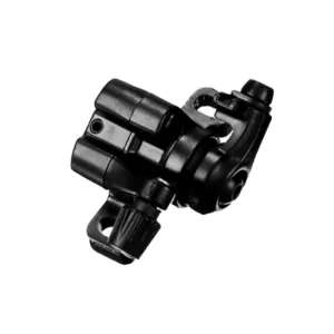 Vista en perspectiva de la Pinza de Freno negra para Patinete Eléctrico Cecotec Bongo Serie A, mecánica con sistema monopistón y pastillas preinstaladas.