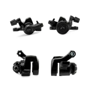 Vista superior de la Pinza de Freno negra para Patinete Eléctrico Cecotec Bongo Serie A mostrando su diseño mecánico de monopistón y tornillos de ajuste.