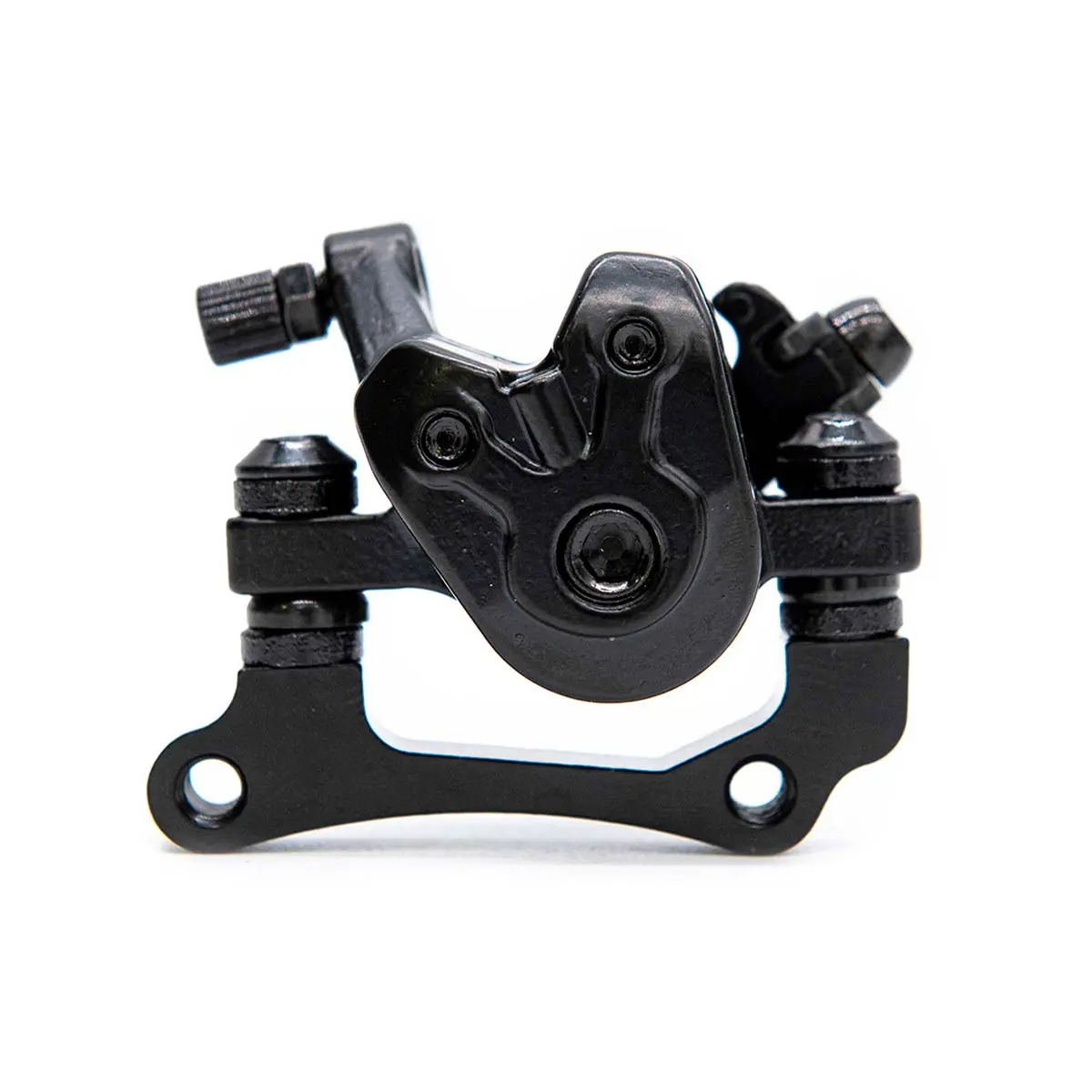 Vista lateral de la pinza de freno mecánica con soporte para Patinete Eléctrico Smartgyro, estándar JAK y acabado resistente, incluye pastillas y adaptador de montaje.
