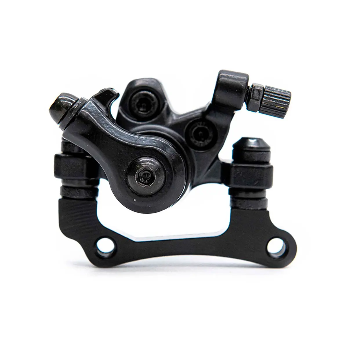 Pinza de freno mecánica para Patinete Eléctrico Smartgyro Speedway y Rockway desde una vista superior, destacando su soporte adaptador y acabado duradero tipo JAK.