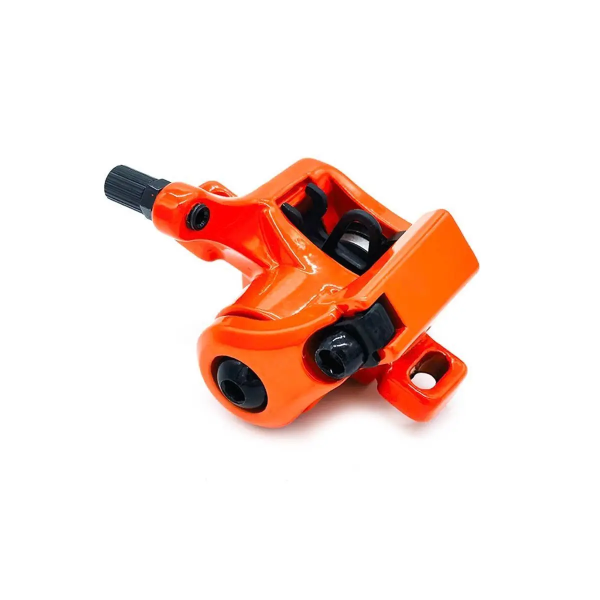 Pinza de freno naranja anodizado compatible con el Patinete Eléctrico Xiaomi Mi 3, mostrando las pastillas rectangulares en una vista perspectiva.