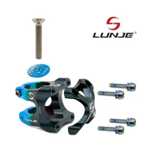 Potencia 31 8mm negro azul compatible con patinete y bicicleta: vista de cerca demostrando su acabado profesional.