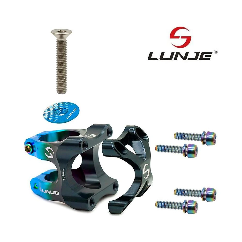 Potencia 31 8mm negro azul compatible con patinete y bicicleta: vista de cerca demostrando su acabado profesional.