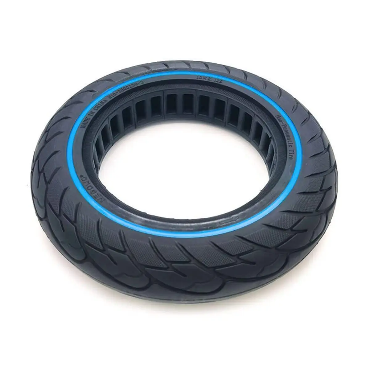 vista superior de la rueda maciza 10x2.125 nedong línea azul para patinete eléctrico, ofreciendo mayor durabilidad y sin riesgo de pinchazos, en OmmviShop.