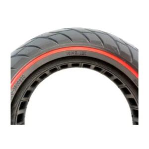 vista detalles de la rueda maciza 10x2.125 nedong línea roja, diseñada para patinete eléctrico con material resistente que evita pinchazos, en OmmviShop.