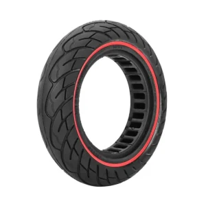 vista perspectiva de la rueda maciza 10x2.125 nedong línea roja para patinete eléctrico, diseñada para conducción continua sin riesgo de pinchazos, en OmmviShop.