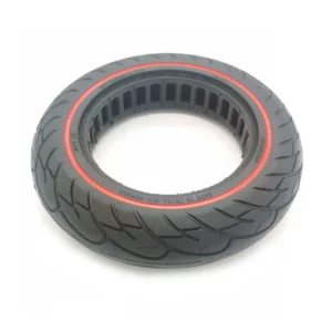 vista superior de la rueda maciza 10x2.125 nedong línea roja, diseñada para patinete eléctrico con construcción perforada que previene pinchazos, en OmmviShop.