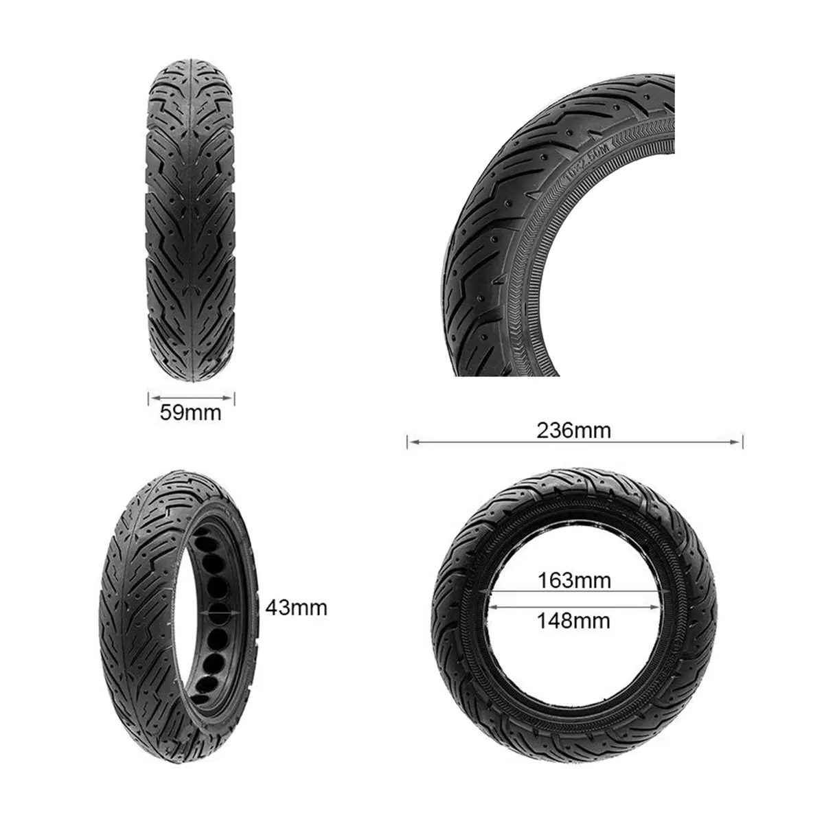 detalle técnico de la rueda maciza 10x2.5 (60/70-6.5) cityroad para patinete eléctrico, construida en material resistente y compatible con modelos como xiaomi, en OmmviShop.