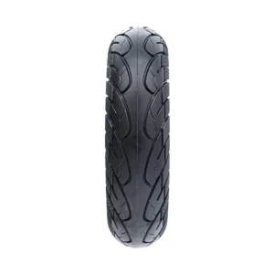 vista frontal de la rueda maciza 10x2.50 nedong línea amarilla bisel 44mm para patinete eléctrico, destacando su construcción resistente y diseño sin pinchazos, en OmmviShop.
