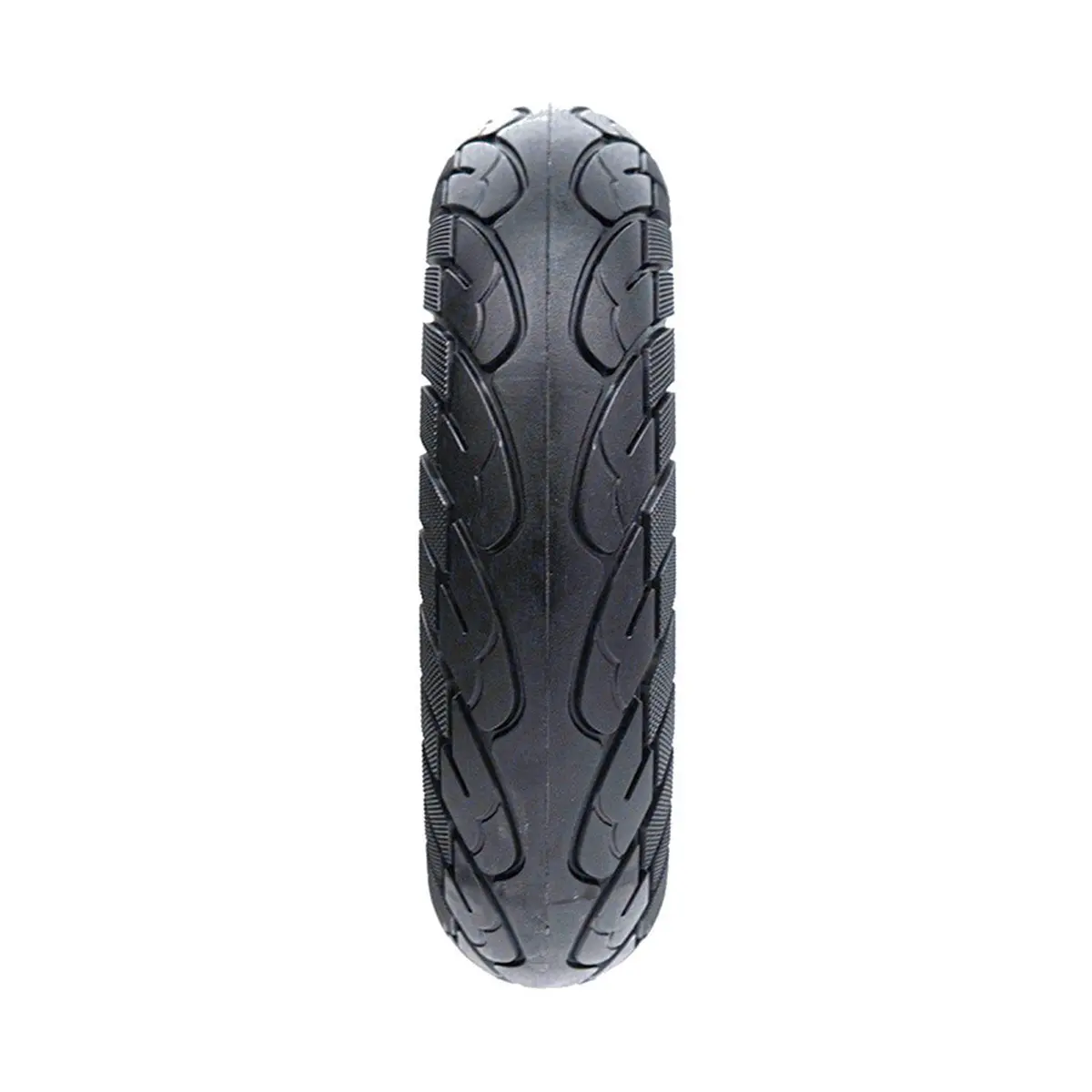 vista frontal de la rueda maciza 10x2.50 nedong línea amarilla bisel 44mm para patinete eléctrico, destacando su construcción resistente y diseño sin pinchazos, en OmmviShop.