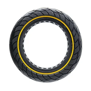 vista lateral de la rueda maciza 10x2.50 nedong línea amarilla bisel 44mm para patinete eléctrico, diseñada para mayor durabilidad y sin riesgo de pinchazos, en OmmviShop.