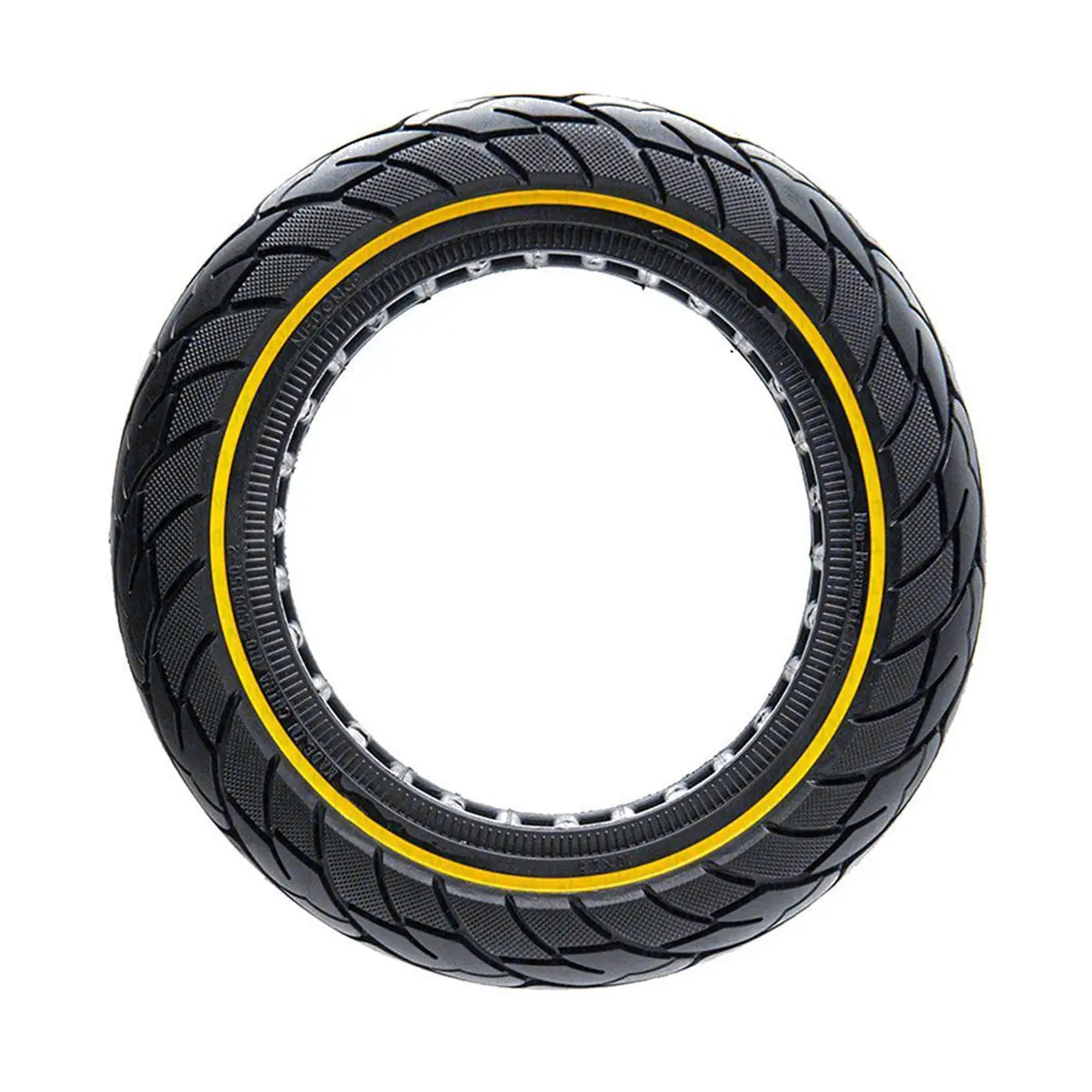 vista lateral de la rueda maciza 10x2.50 nedong línea amarilla bisel 44mm para patinete eléctrico, diseñada para mayor durabilidad y sin riesgo de pinchazos, en OmmviShop.