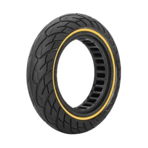 vista perspectiva de rueda maciza 10x2.50 nedong línea amarilla bisel 44mm, diseñada para patinete eléctrico con construcción resistente y sin riesgo de pinchazos, en OmmviShop.