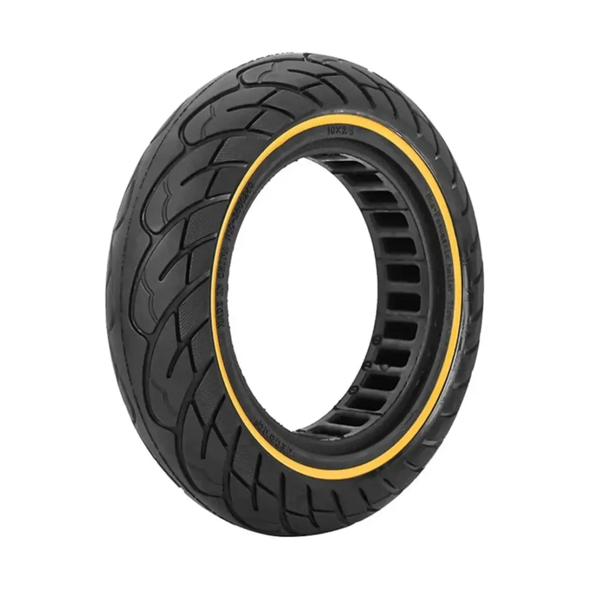 vista perspectiva de rueda maciza 10x2.50 nedong línea amarilla bisel 44mm, diseñada para patinete eléctrico con construcción resistente y sin riesgo de pinchazos, en OmmviShop.