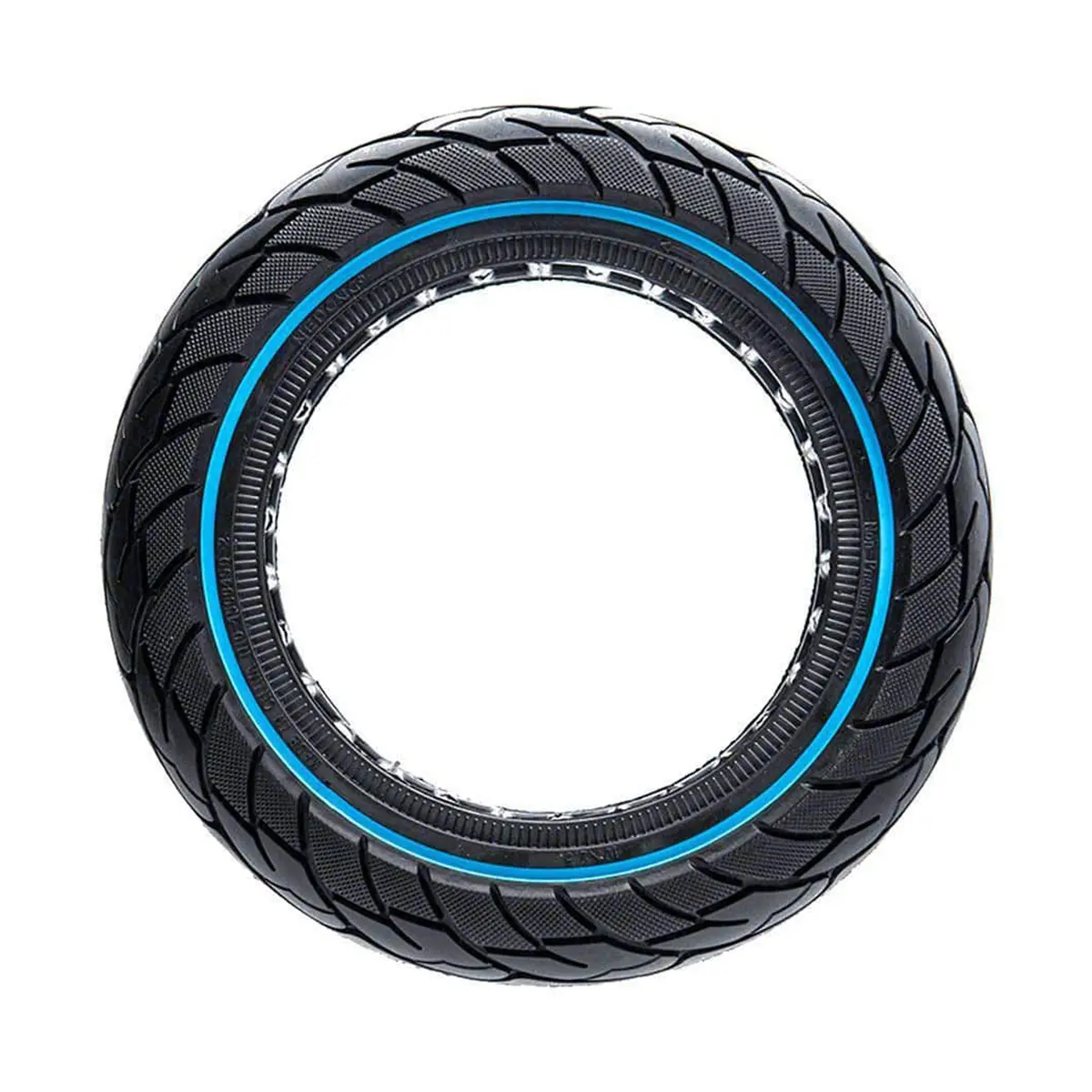 vista lateral de la rueda maciza 10x2.50 nedong línea azul bisel 44mm para patinete eléctrico, destacando su construcción resistente y mantenimiento minimalista, en OmmviShop.