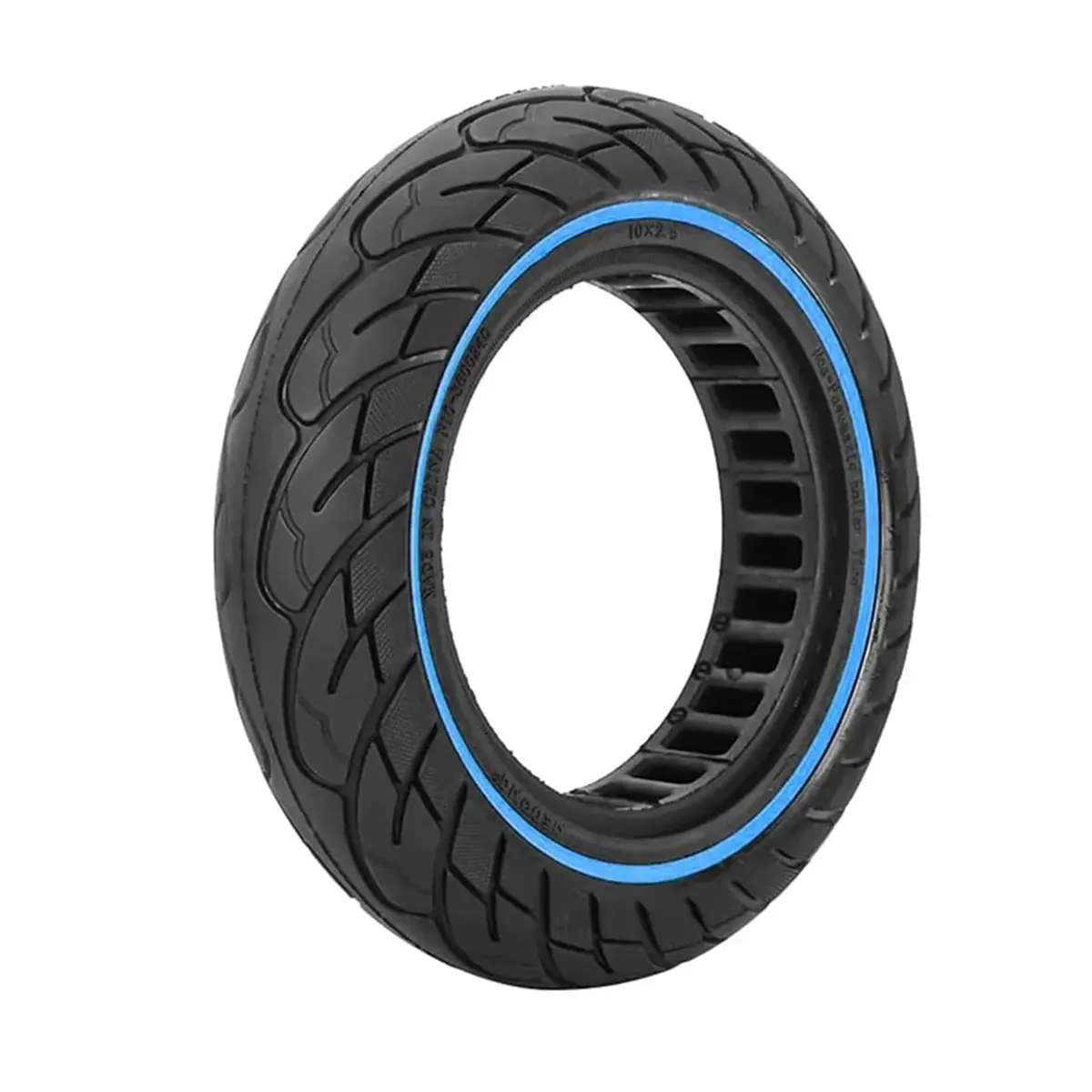 vista perspectiva de la rueda maciza 10x2.50 nedong línea azul bisel 44mm para patinete eléctrico, destacando su durabilidad y sin riesgo de pinchazos, en OmmviShop.