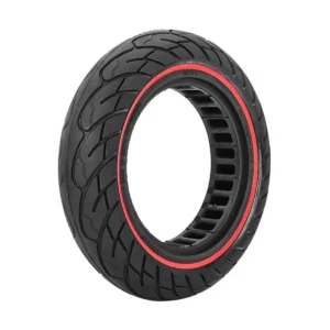 vista perspectiva de la rueda maciza 10x2.50 nedong línea roja bisel 44mm, ideal para patinete eléctrico con construcción duradera y sin riesgo de pinchazos, en OmmviShop.