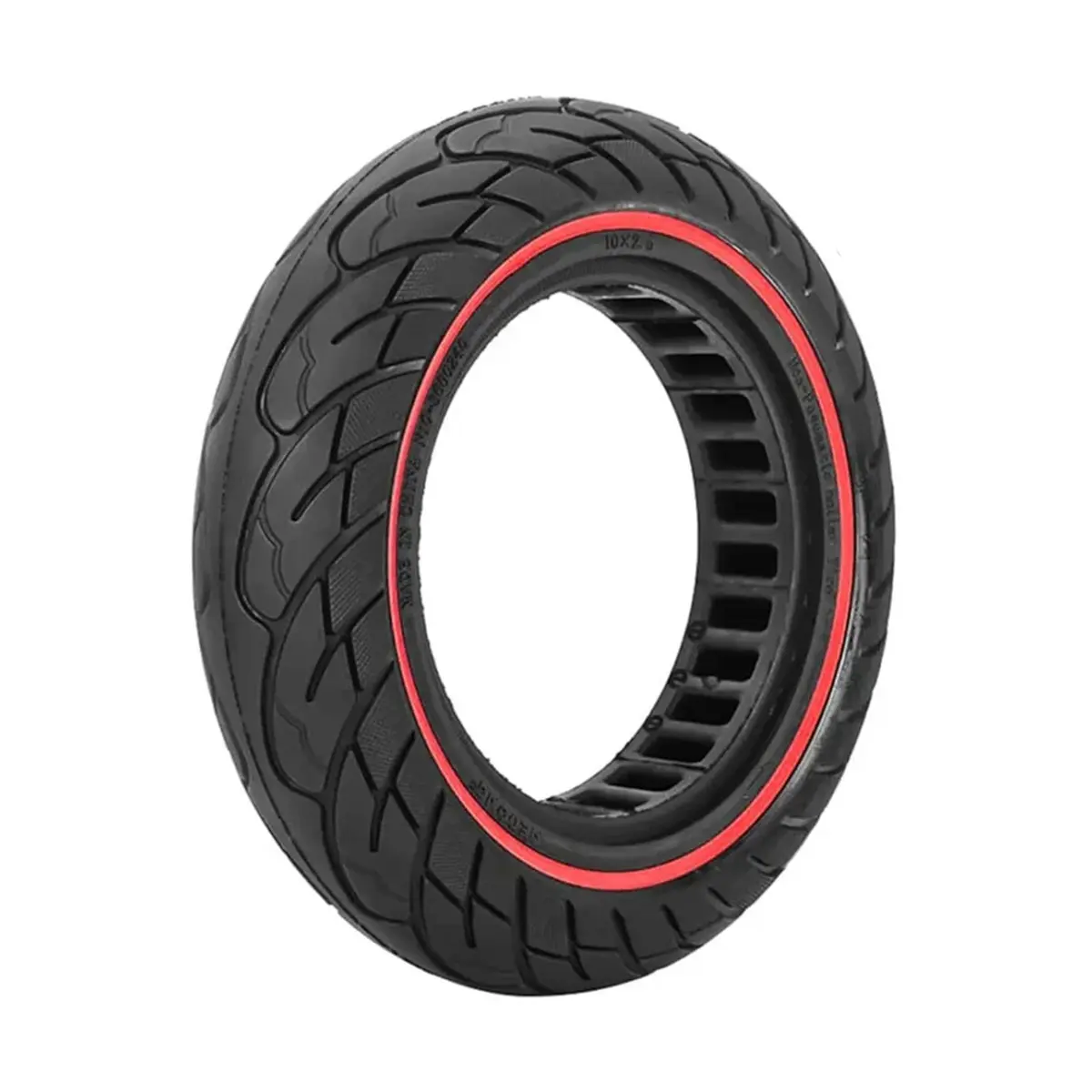 vista perspectiva de la rueda maciza 10x2.50 nedong línea roja bisel 44mm, ideal para patinete eléctrico con construcción duradera y sin riesgo de pinchazos, en OmmviShop.
