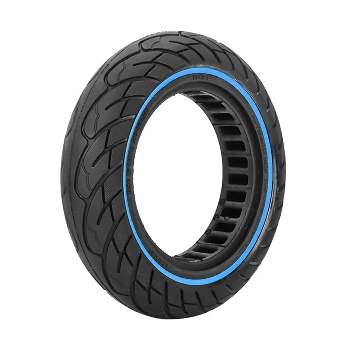 vista perspectiva de la rueda maciza 10x2.50 nedong línea azul bisel 34mm, diseñada para patinete eléctrico con material resistente y sin riesgo de pinchazos, en OmmviShop.