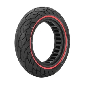 vista perspectiva de la rueda maciza 10x2.50 nedong línea roja bisel 34mm, ideal para patinete eléctrico, con construcción duradera y sin riesgo de pinchazos, en OmmviShop.