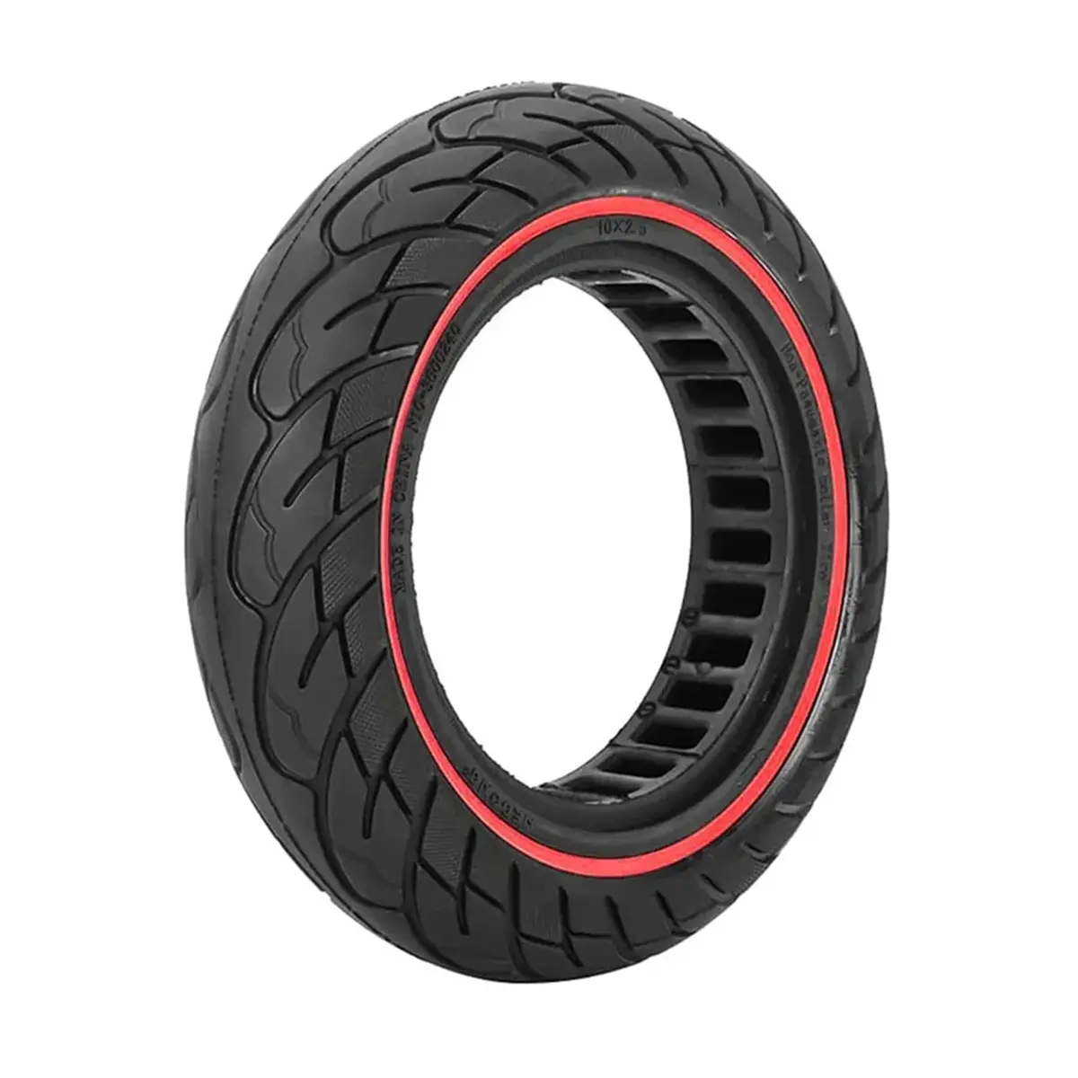 vista perspectiva de la rueda maciza 10x2.50 nedong línea roja bisel 34mm, ideal para patinete eléctrico, con construcción duradera y sin riesgo de pinchazos, en OmmviShop.