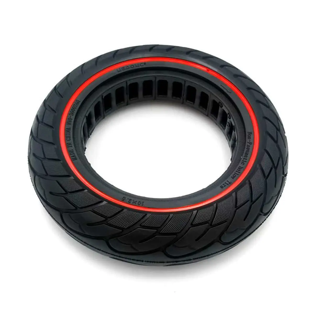vista superior de la rueda maciza 10x2.50 nedong línea roja bisel 34mm para patinete eléctrico, construida en material resistente y sin riesgo de pinchazos, en OmmviShop.